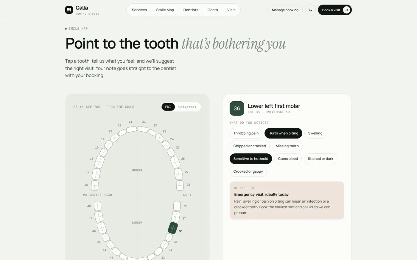 Calla's Smile Map: tap the sore tooth, pick symptoms and see a suggested visit type.