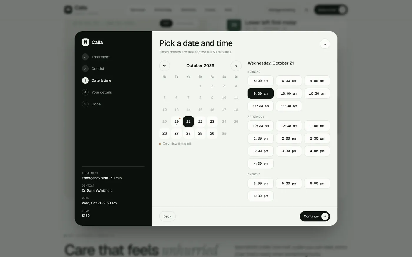 Calla shows free times grouped by morning, afternoon and evening.