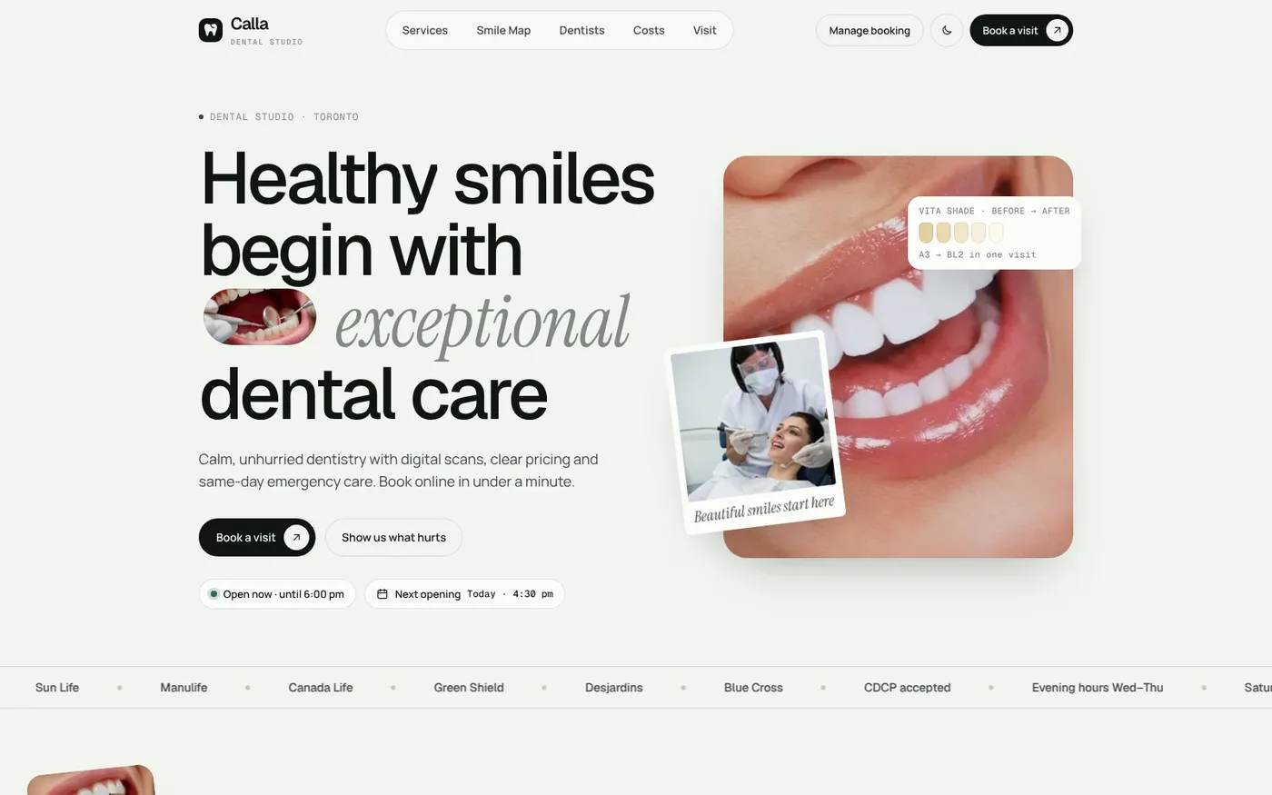 Calla Dental Studio website homepage