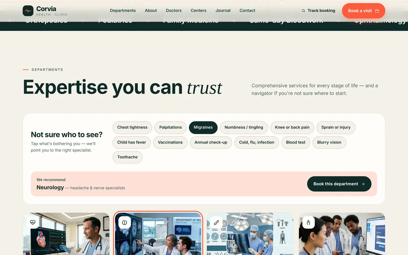 Corvia's symptom navigator recommends a department and offers a one-tap booking.