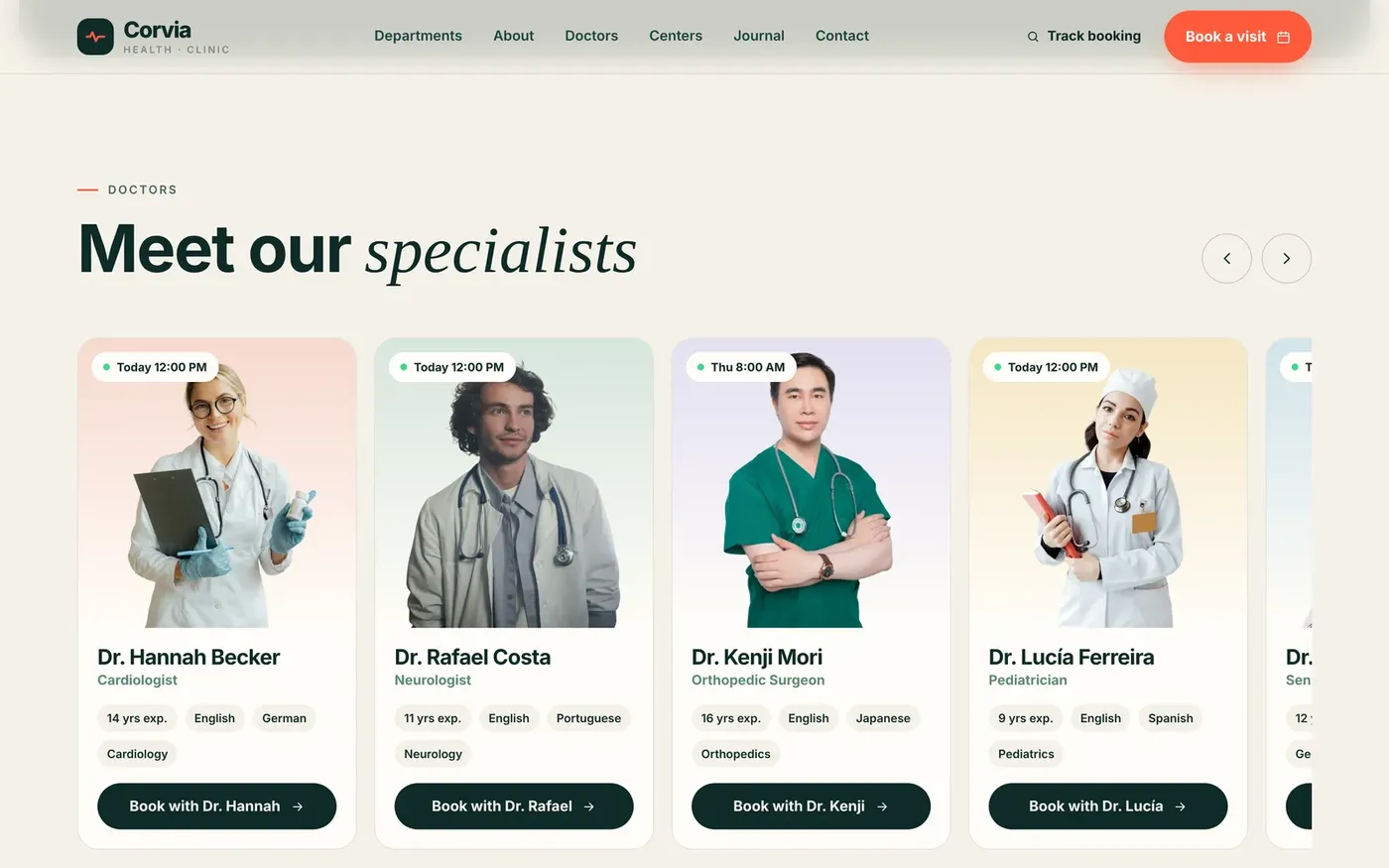 Each Corvia doctor card shows the next free slot and books into that doctor's calendar.
