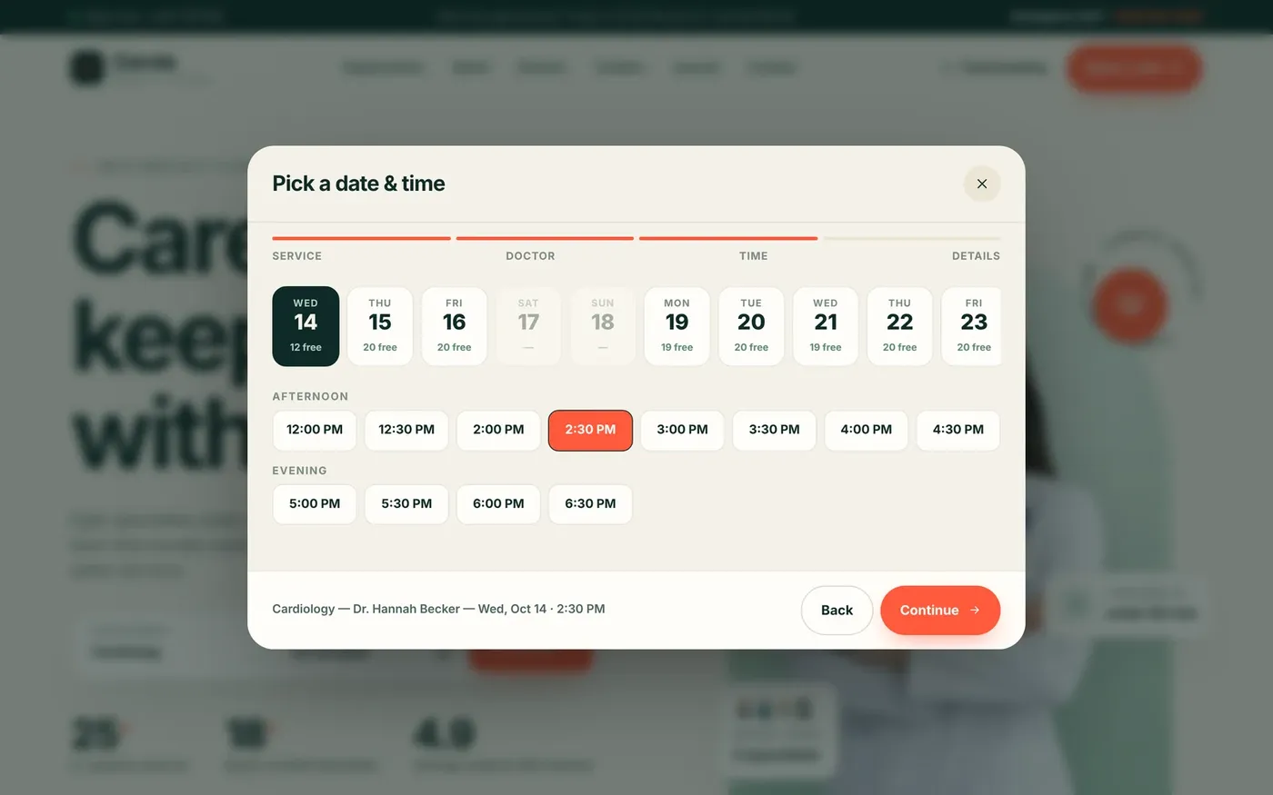 Corvia's 21-day date strip shows free slots and crosses out taken times.