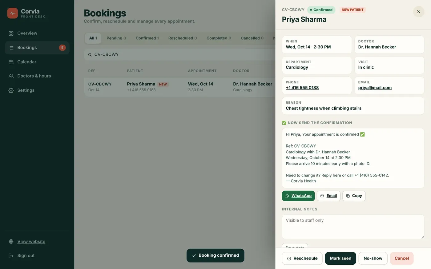 Confirming a booking opens a ready-made WhatsApp or email message.