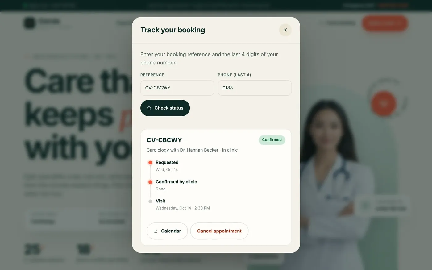 Corvia's patient tracker showing a booking marked Confirmed.