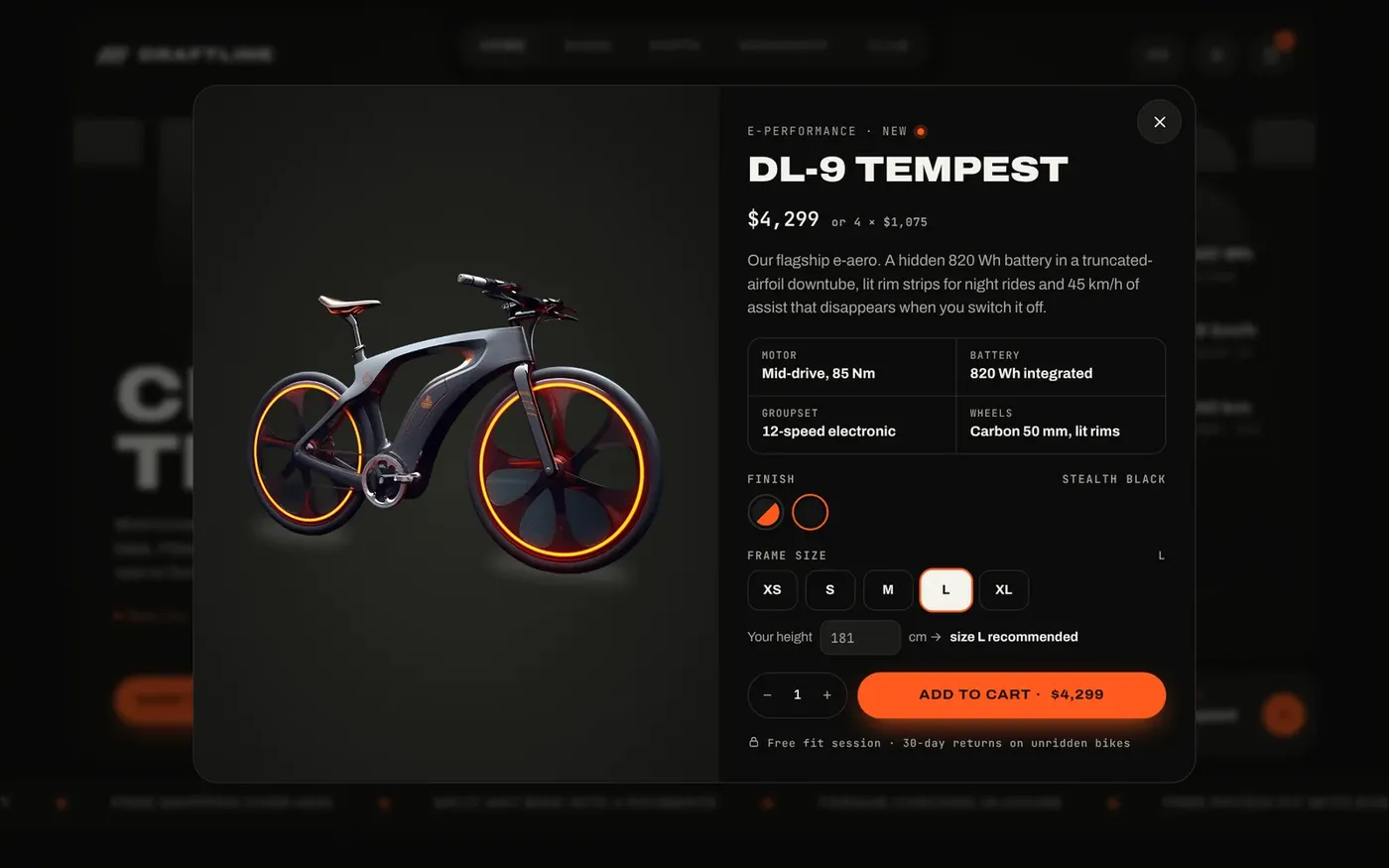 Quick view with specs, colors and a height-based frame-size finder