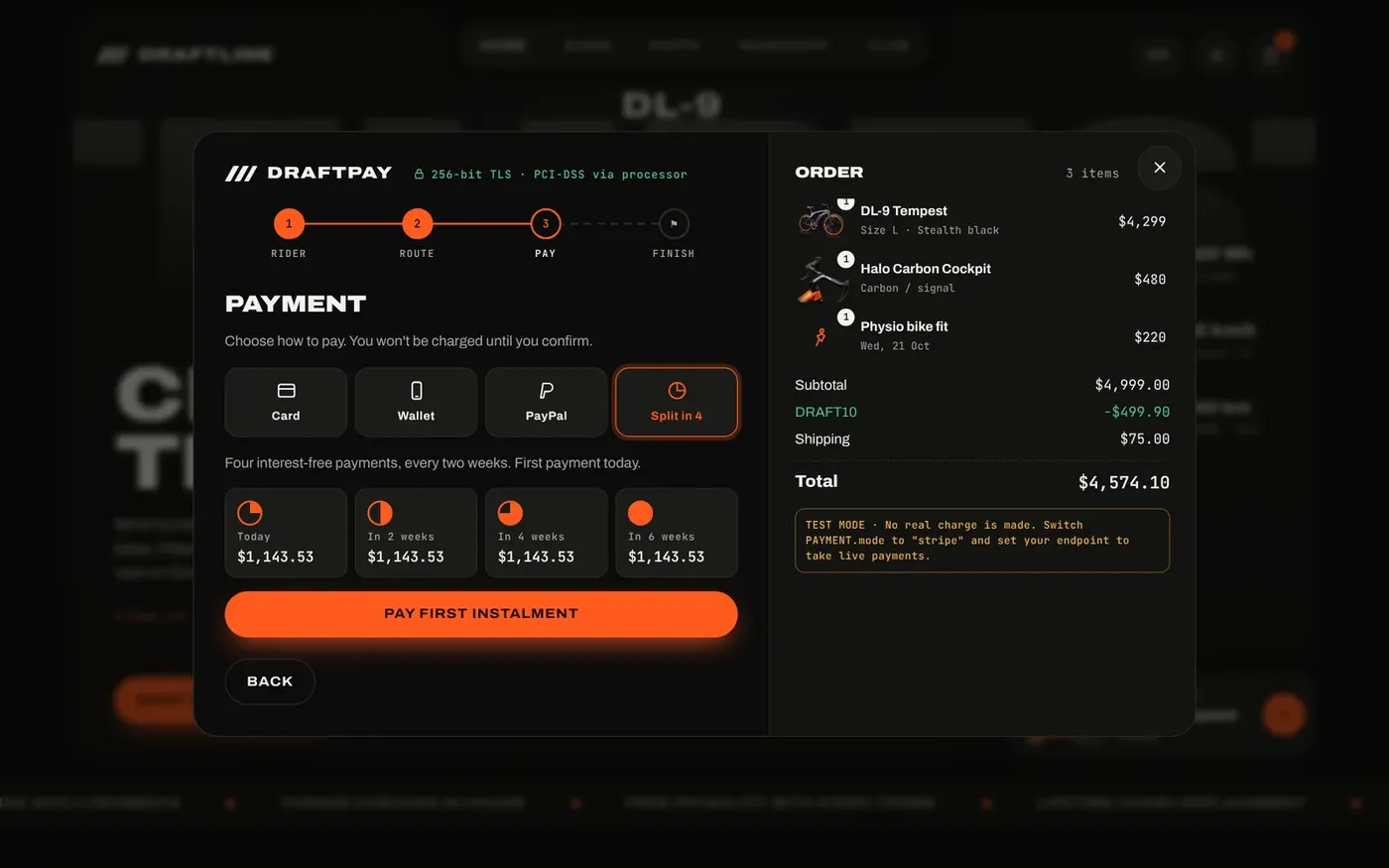 The split-in-4 option showing four installments with the schedule