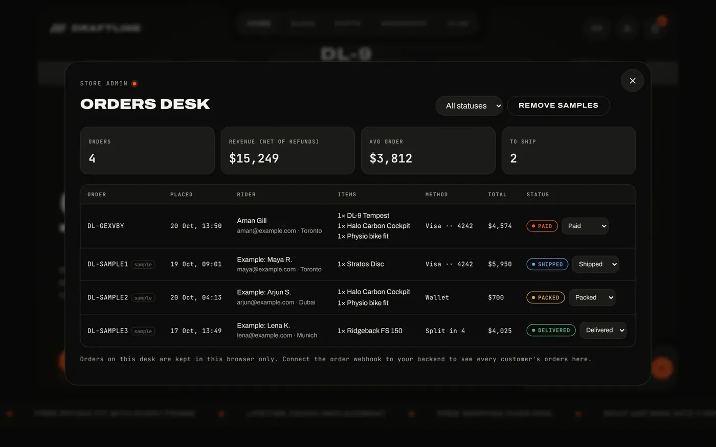 The Draftline orders desk with totals and status dropdowns
