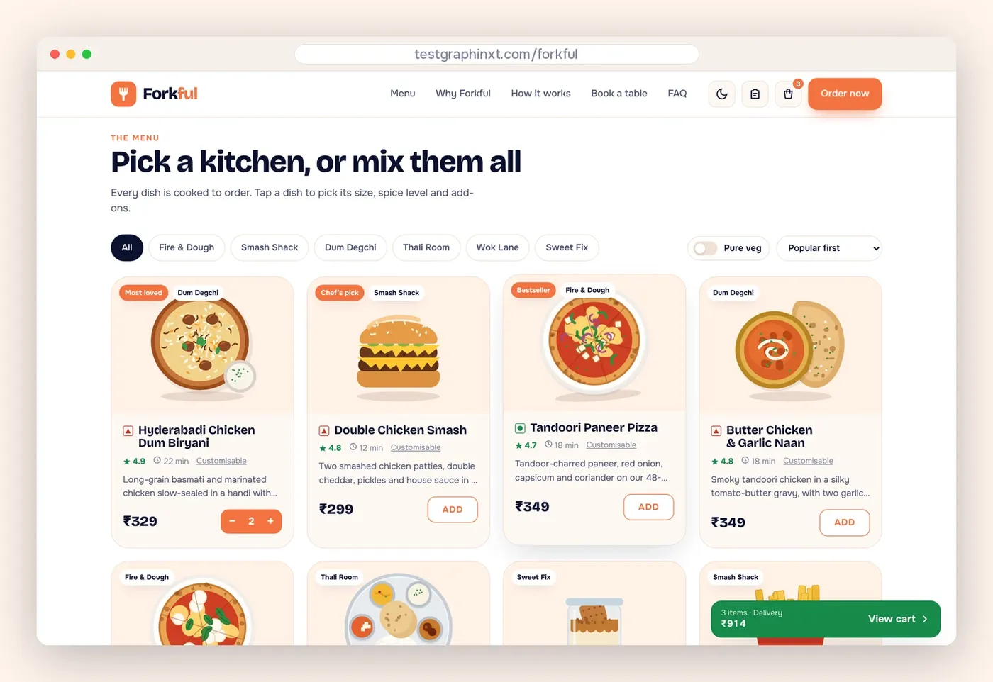 The Forkful menu with an add-to-cart button on every dish