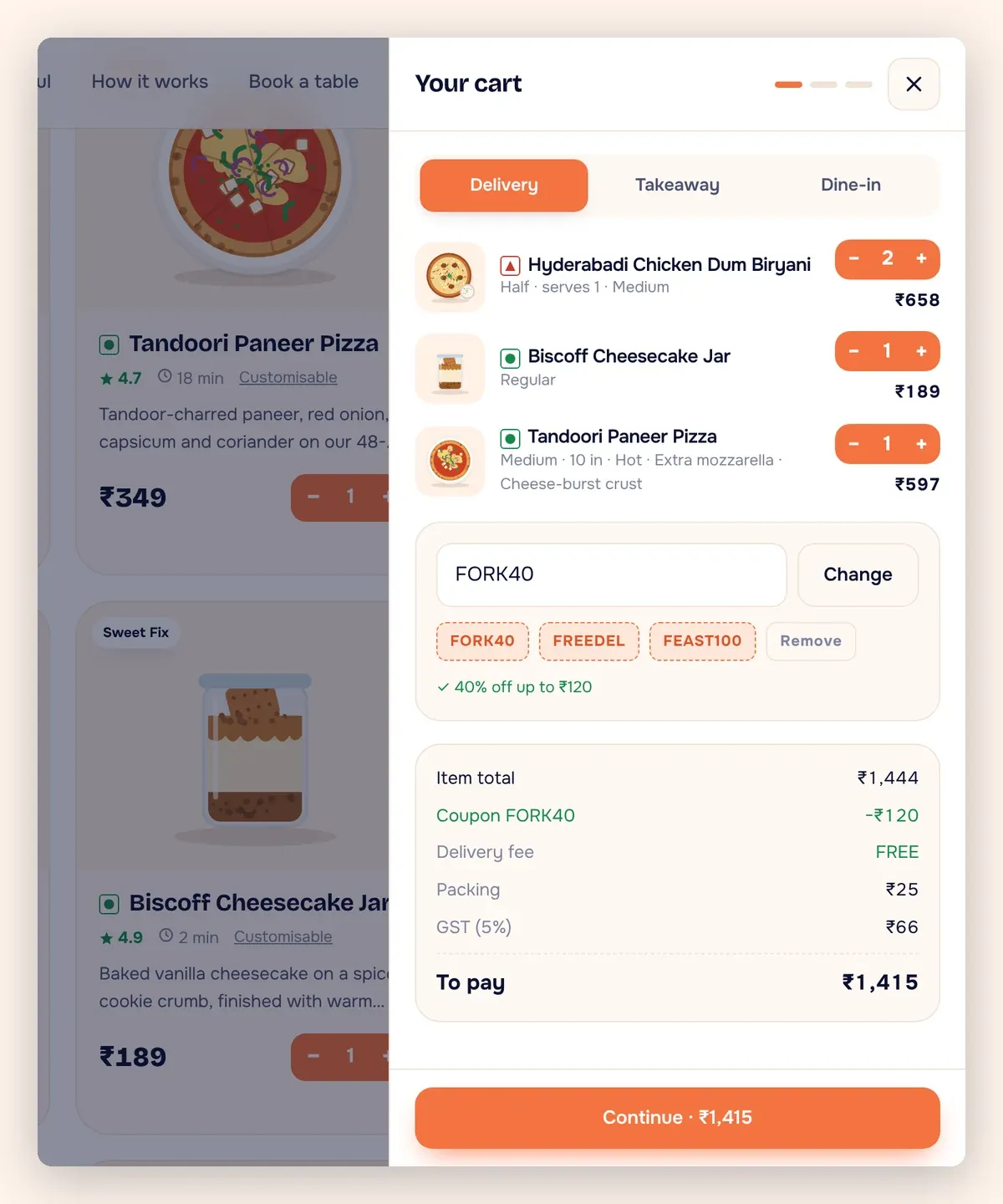 The Forkful cart with item controls and a coupon field