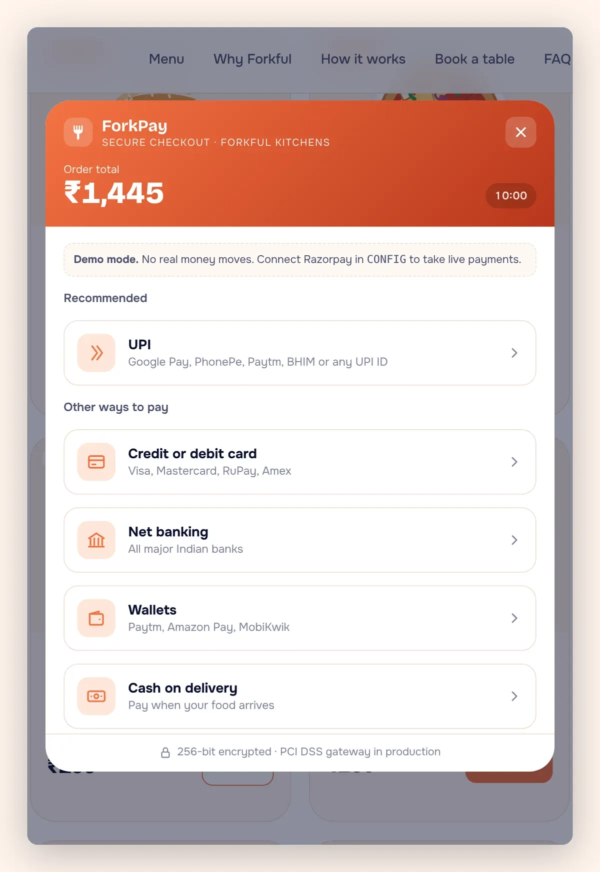 Forkful payment options with card and other methods