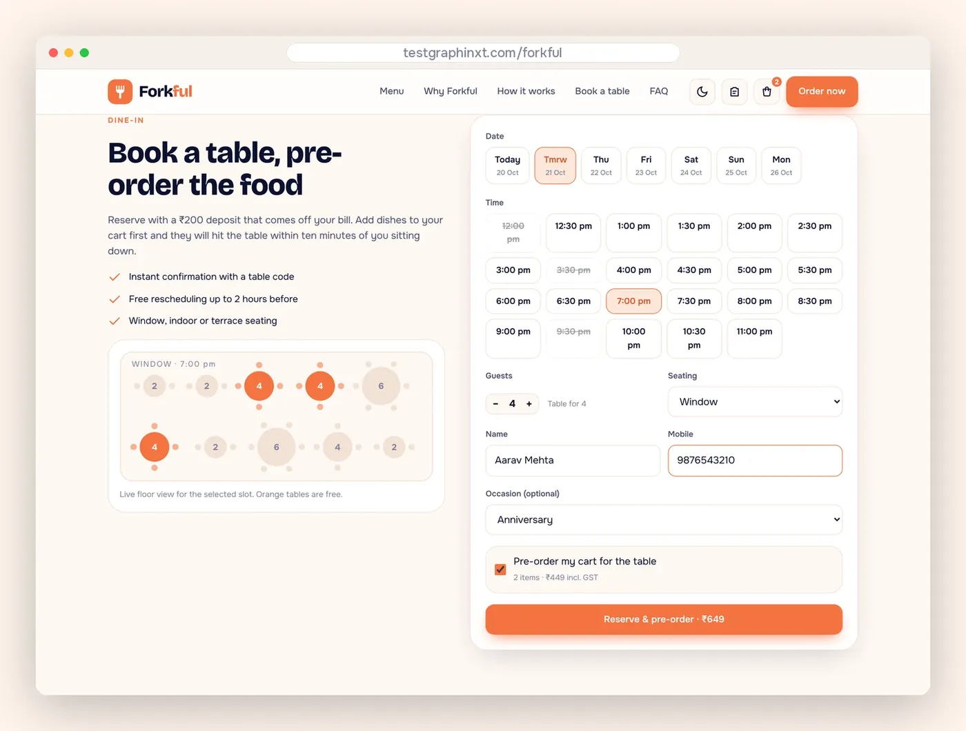Forkful table booking with date, time and guest count