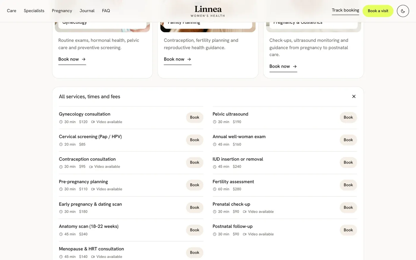 Linnea lists each service with its length, fee and video option.