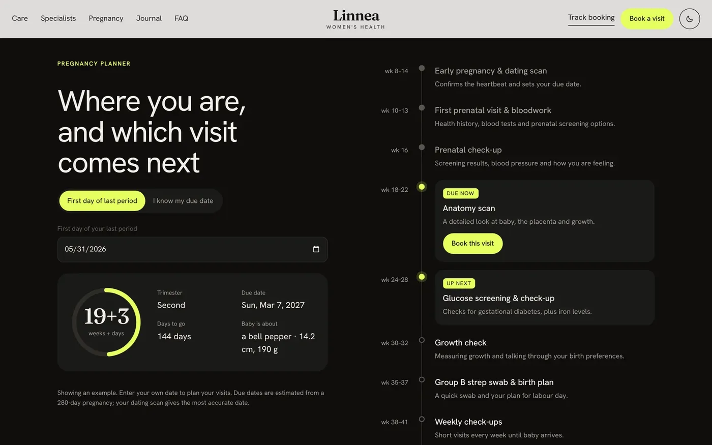 Linnea's pregnancy planner shows the current week, due date and next visit to book.
