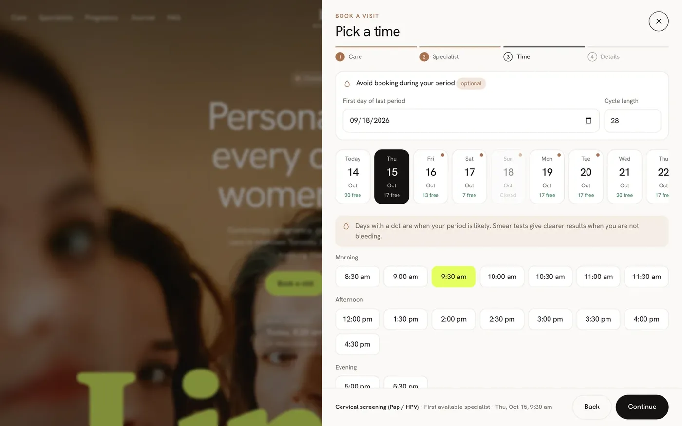 Linnea's time picker shows only free times and marks days when a period is likely.