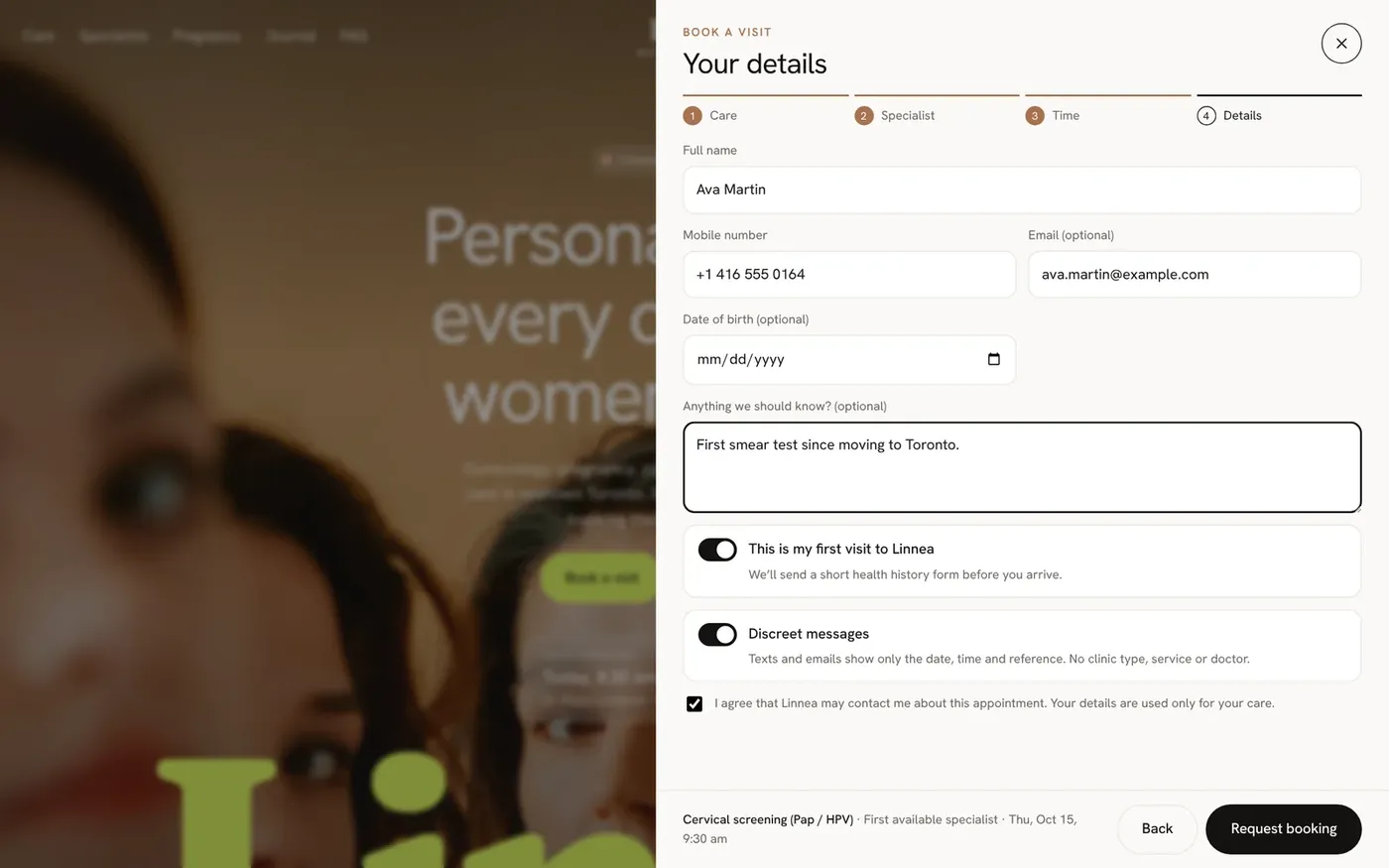 The patient details step, with the option to receive discreet messages.