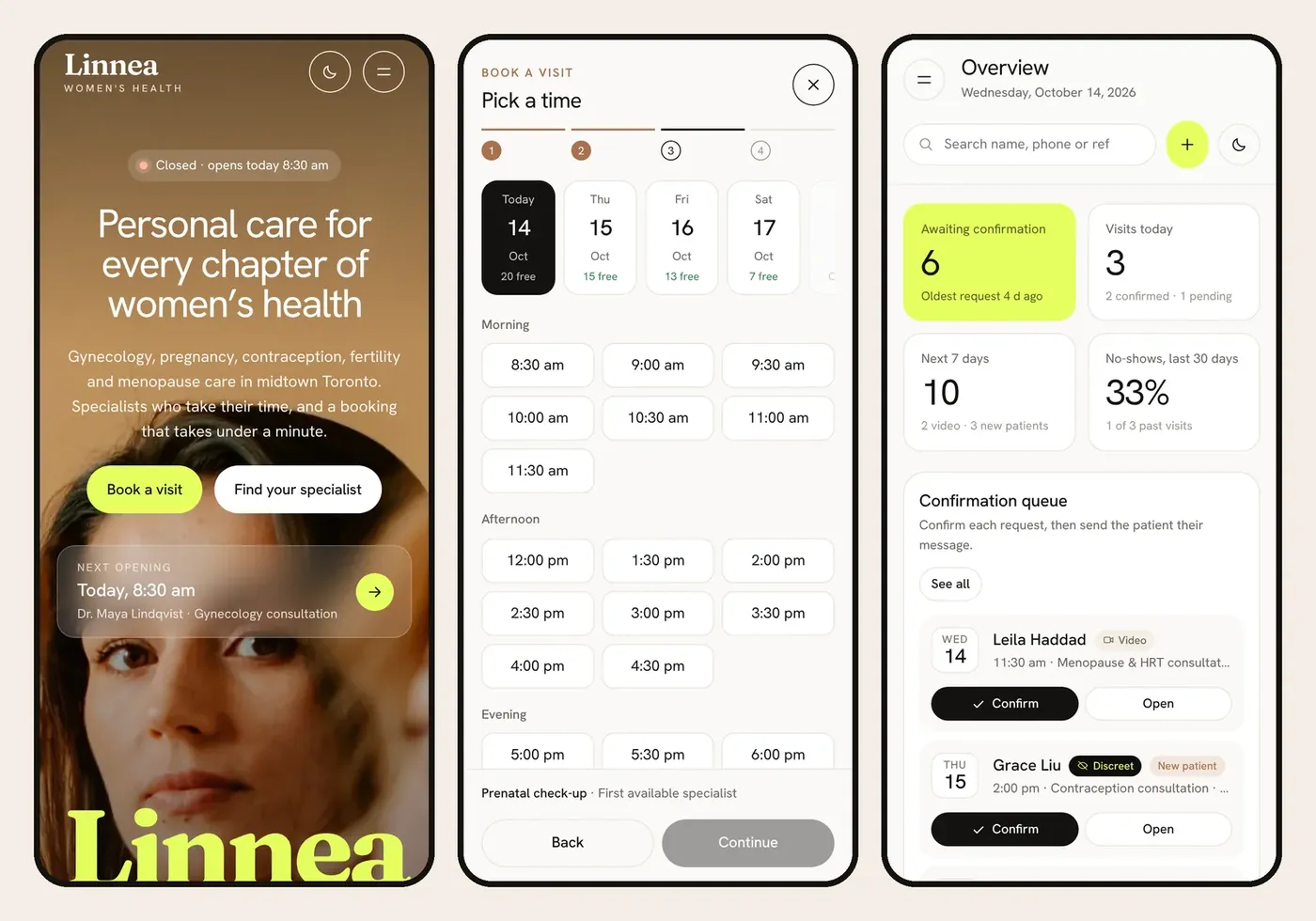 Linnea's website, booking and front-desk panel on phones.
