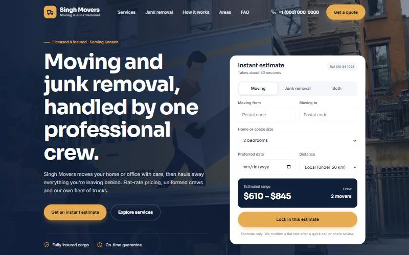 Singh Movers homepage with an instant estimate widget for moves and junk removal