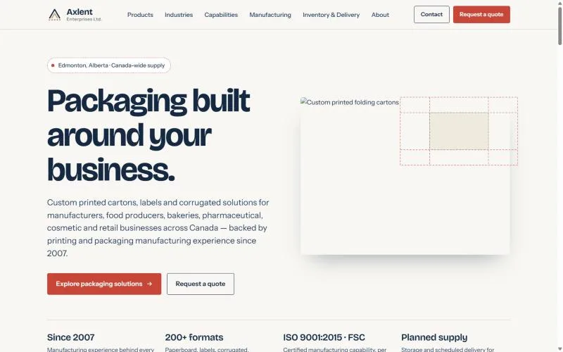 Axlent Enterprises homepage for packaging and printing with a quote button