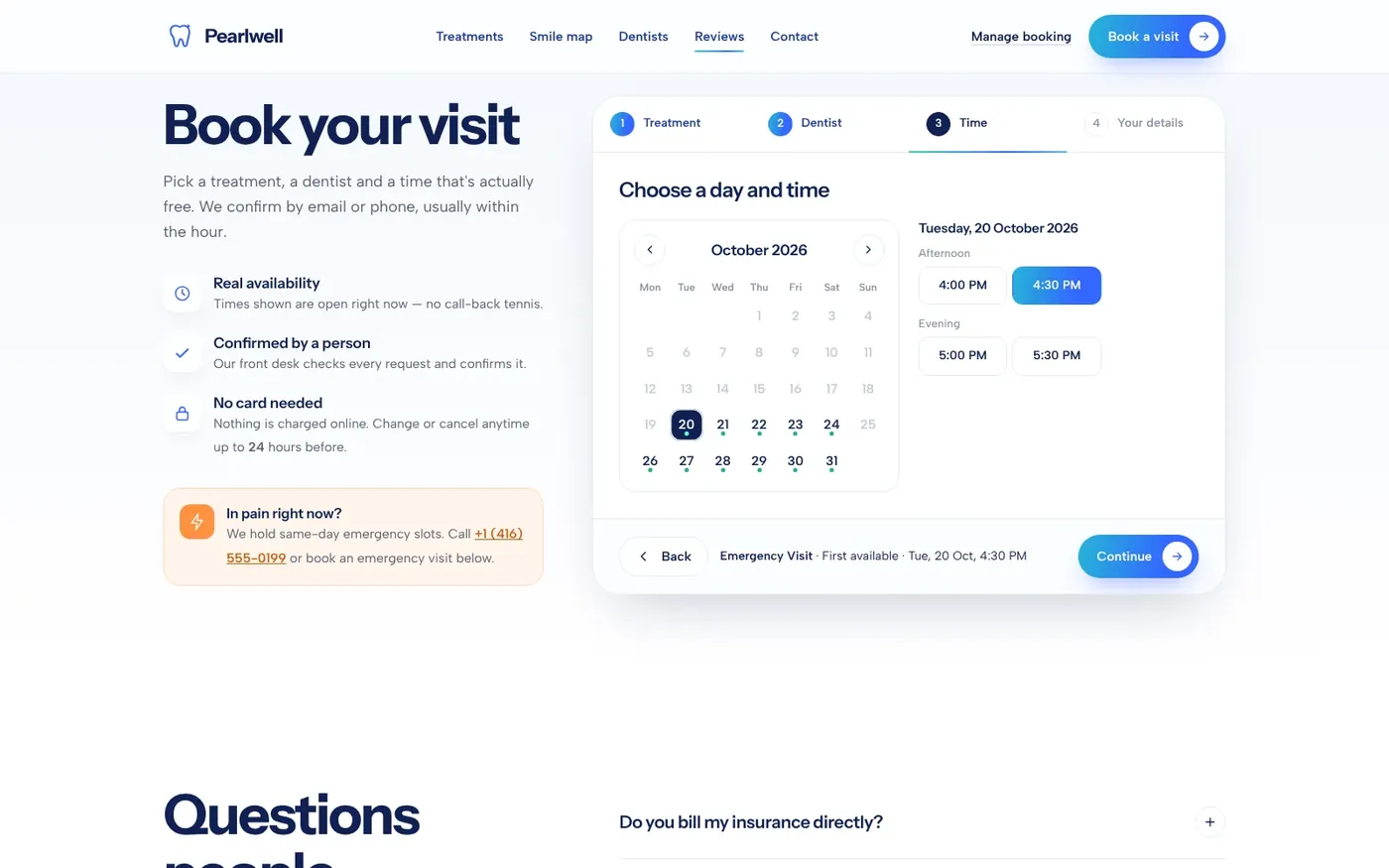 Pearlwell's booking calendar only lets patients pick times that are genuinely open.