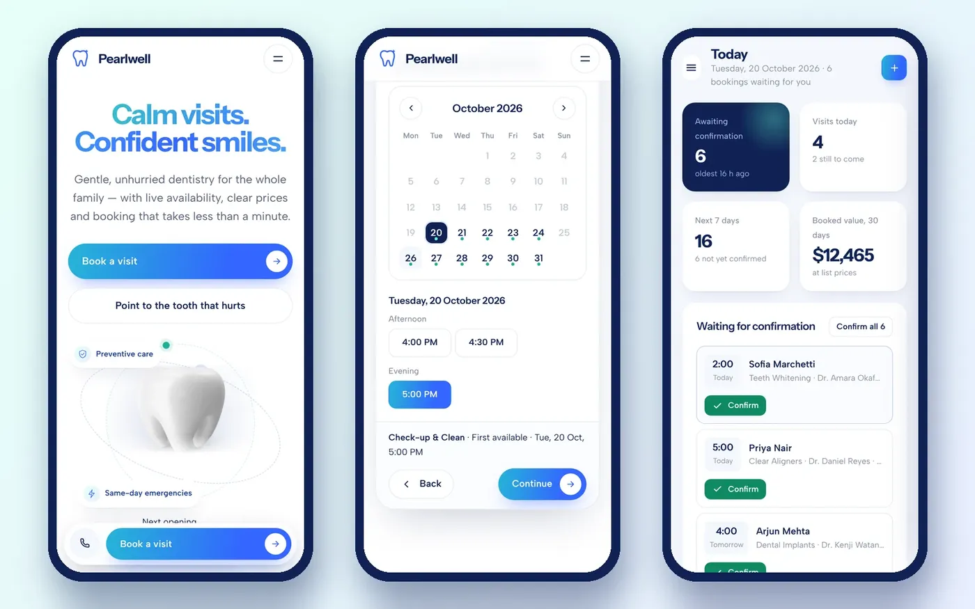 Pearlwell's website, booking flow and admin panel on phones.
