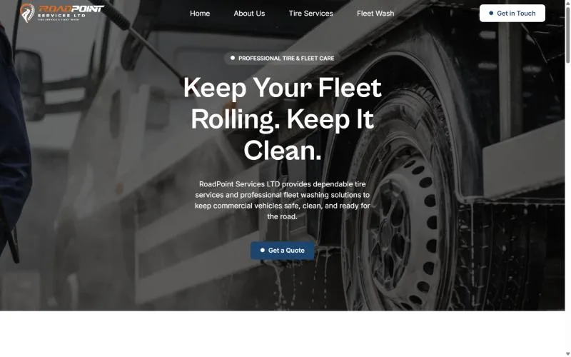 RoadPoint Services homepage for tire service and fleet wash with a call button